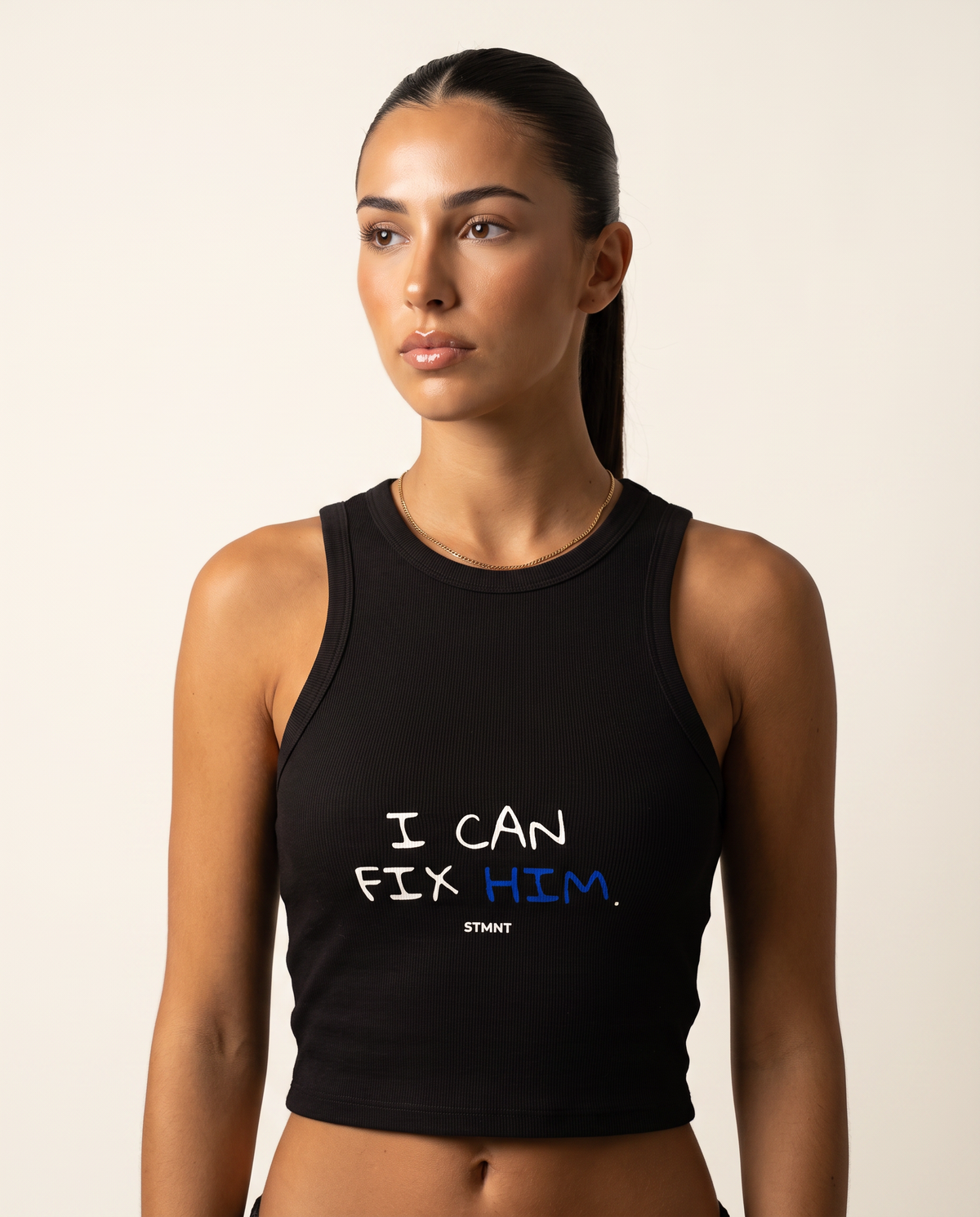 I Can Fix Him Racer Tank Top worn by model